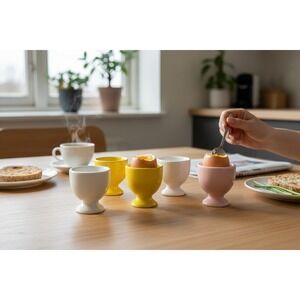 IQ Accessories Ceramic Egg Cup Set 6 White Yellow Pink Good Pastel Footed 234-21